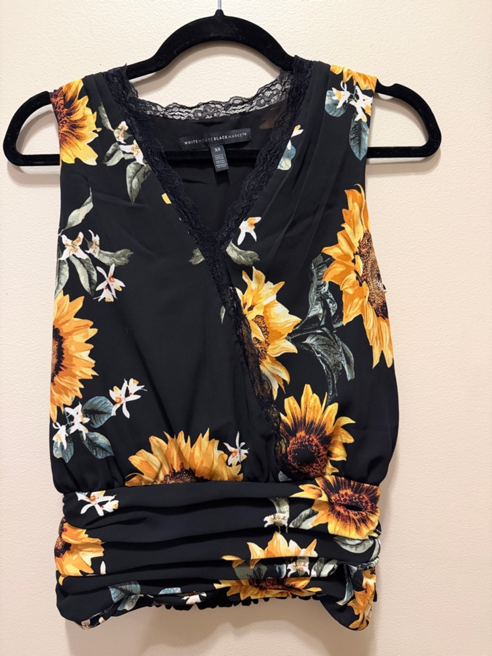 White House Black Market Black Floral Sunflower Wrap Tank